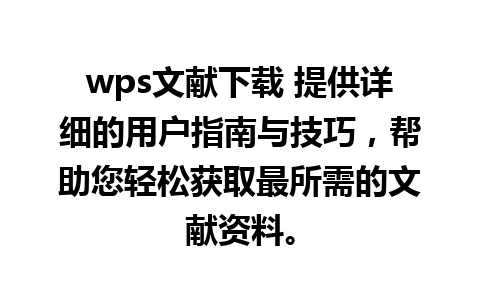 wps文献下载 提供详细的用户指南与技巧，帮助您轻松获取最所需的文献资料。